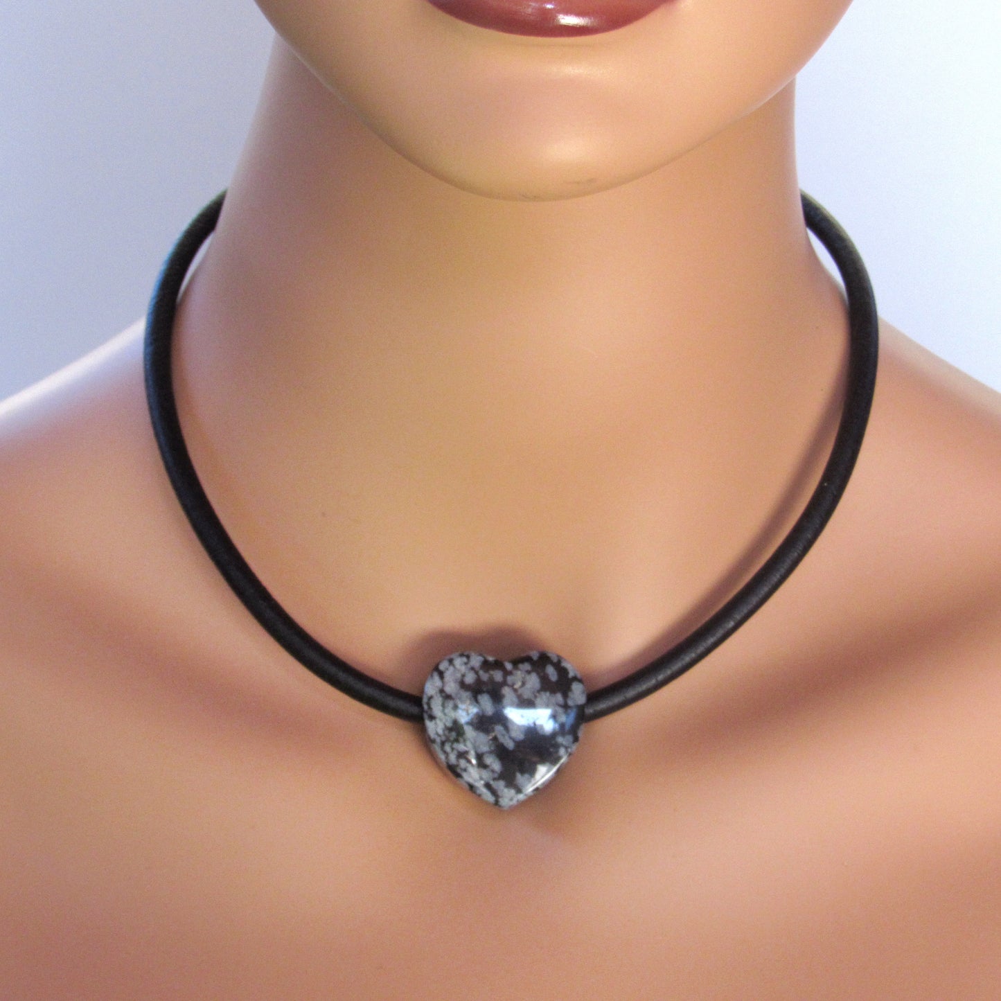 Snowflake Obsidian gemstone heart on Leather with Sterling Silver Clasp