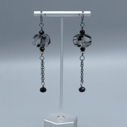 Tourmalinated Quartz, Black Spinel, and Oxidized Sterling Silver Long Dangle Earrings
