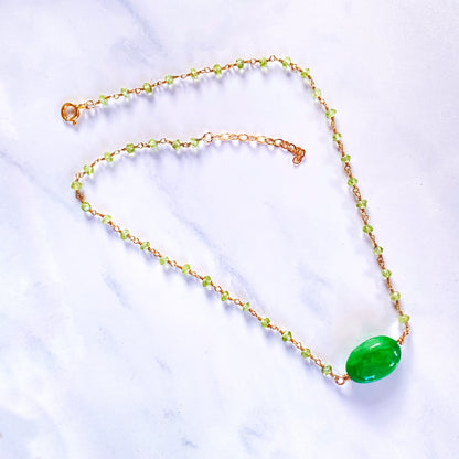 Emerald, Peridot gemstone and Gold over sterling silver choker