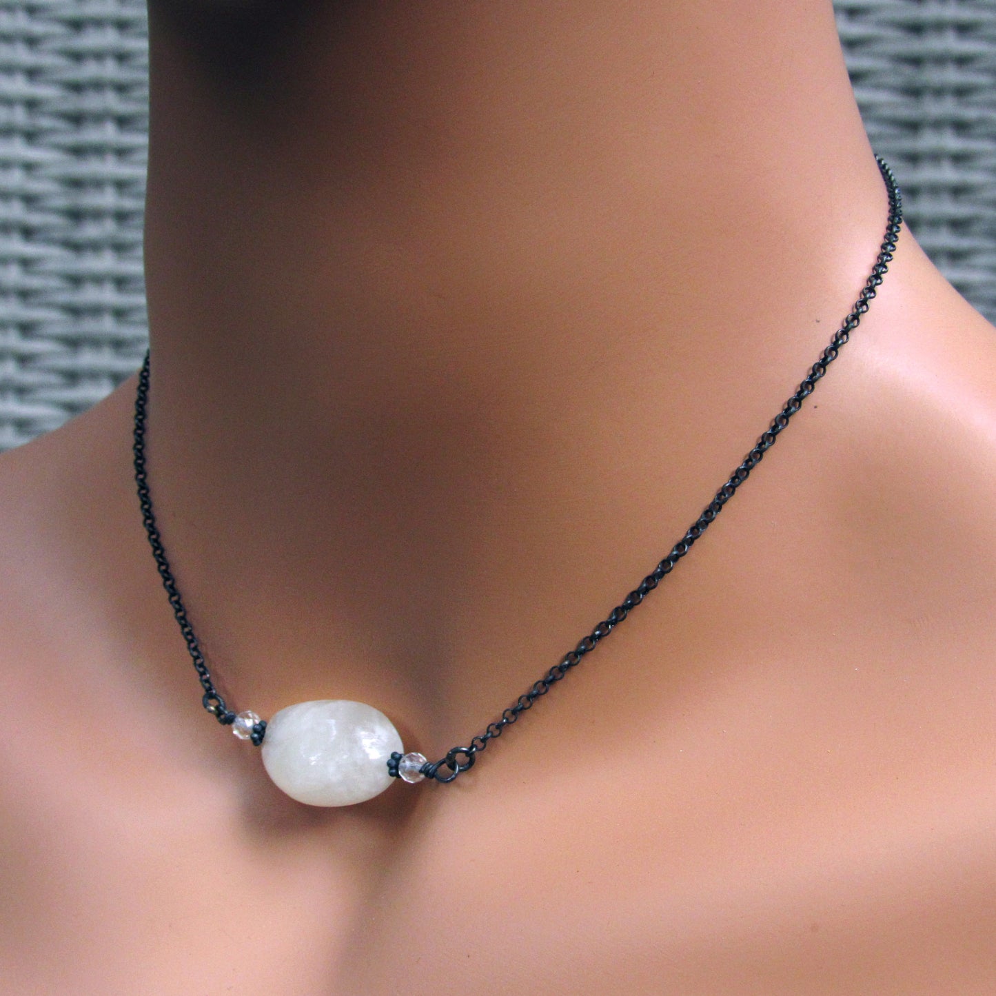 Oxidized Sterling Silver with Moonstone gemstone & White Topaz Necklace