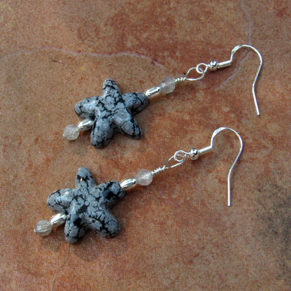 Snowflake Obsidian gemstone Stars, Labradorite, and Sterling Silver Drop Earrings