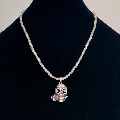 White Labradorite gemstone and Skull with Rose pendant Necklace