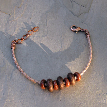 Men’s Copper, Hematite, Goldstone gemstones on genuine Leather clasp bracelet