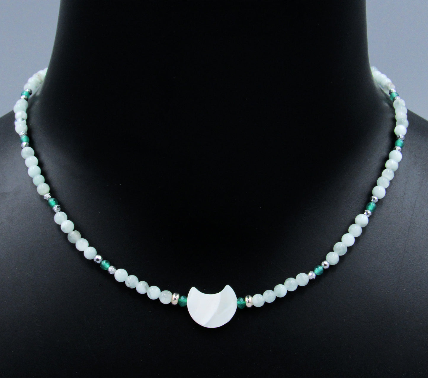 Mother of Pearl Moon Necklace w/ Green Moonstones, Green Onyx, Hematite, and Sterling Silver