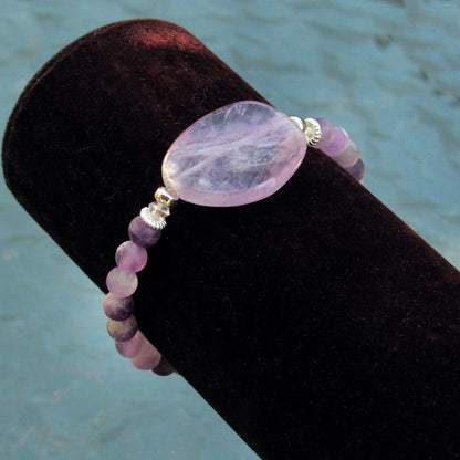 Amethyst Gemstone, Clear Quartz Flower with Accents and Sterling Silver Stretch Bracelet