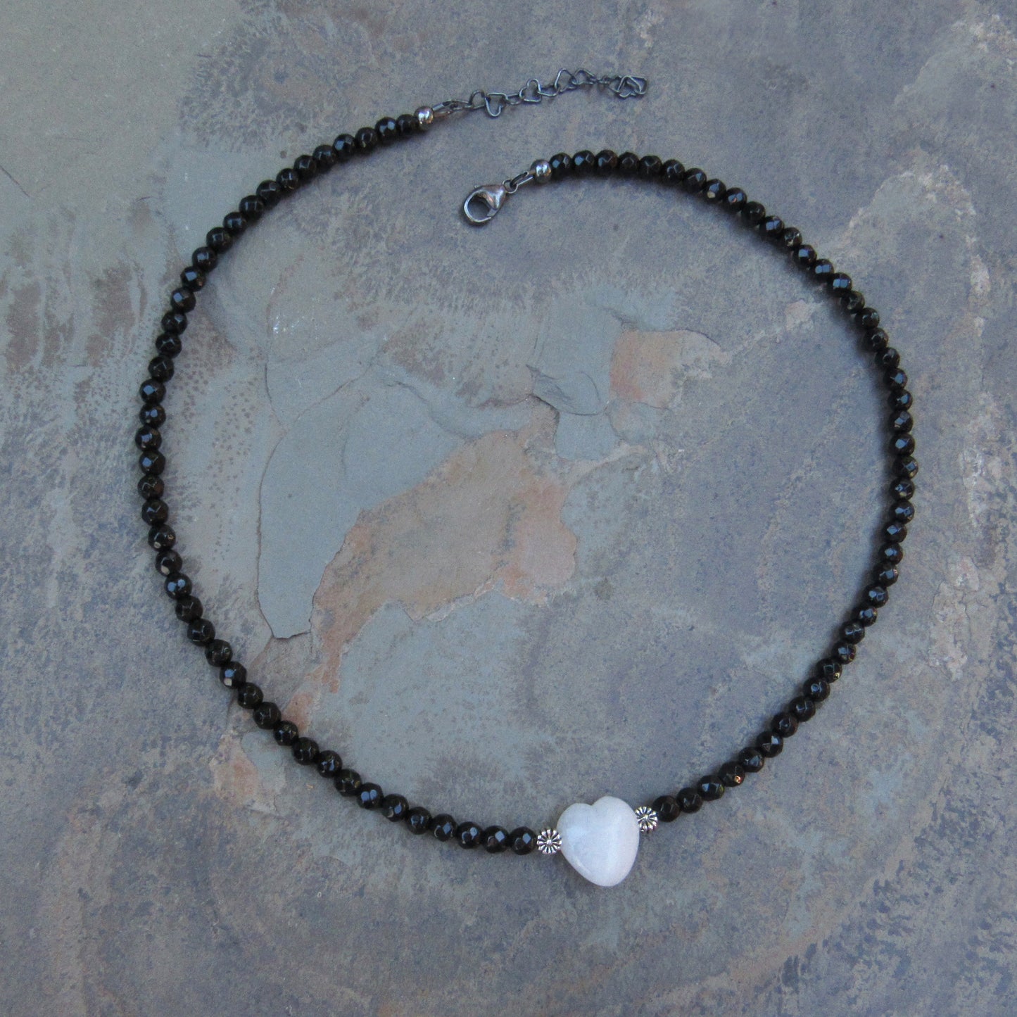 White Jade Heart, Faceted Onyx, and Sterling Silver Choker