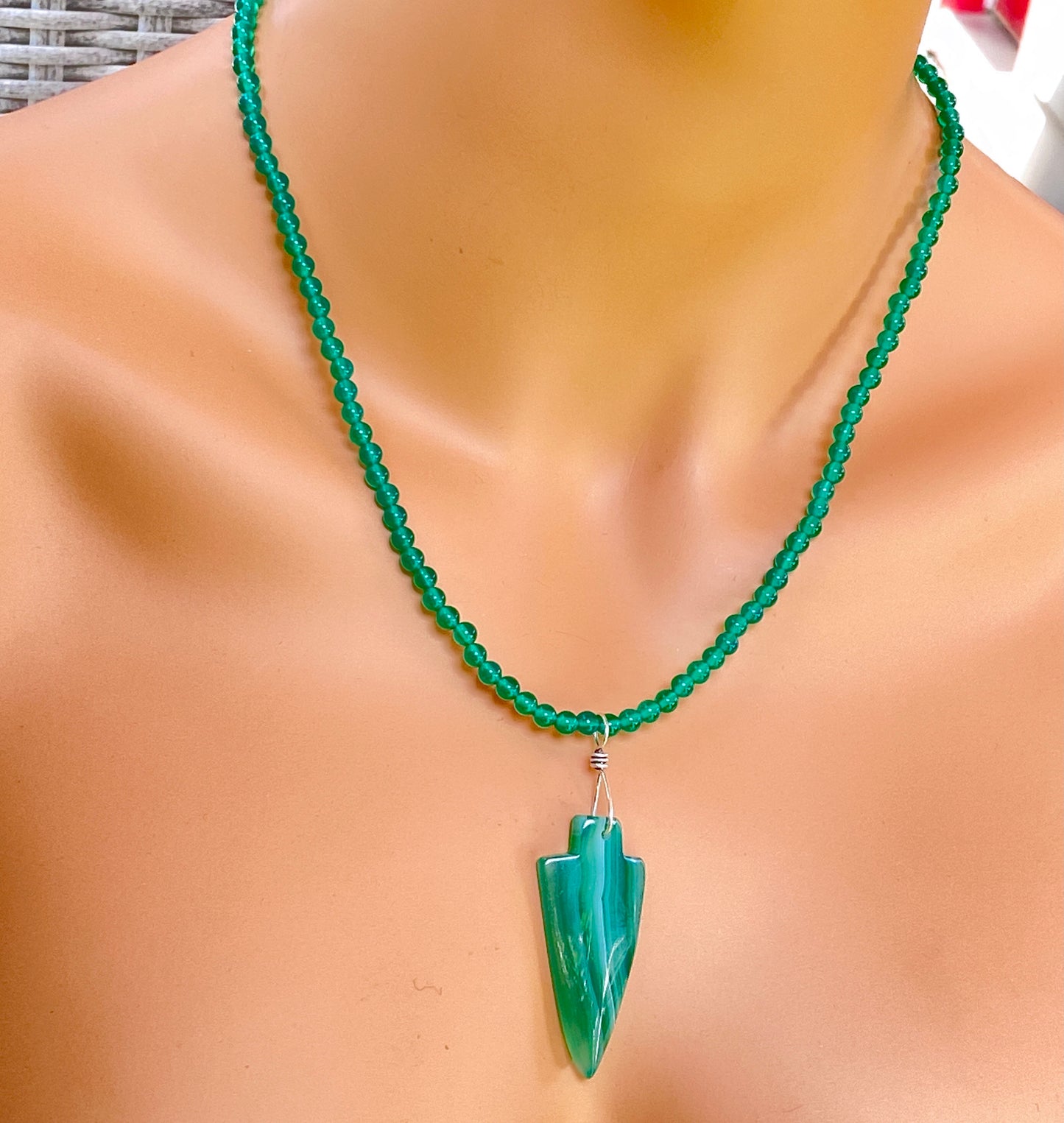 Men’s Green Banded Agate Arrow Pendant on Green Onyx Beaded Necklace W/ Sterling Silver