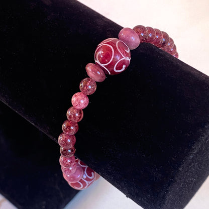Red Jade, pink tourmaline, and strawberry Lepidocrocite gemstone stretch bracelet