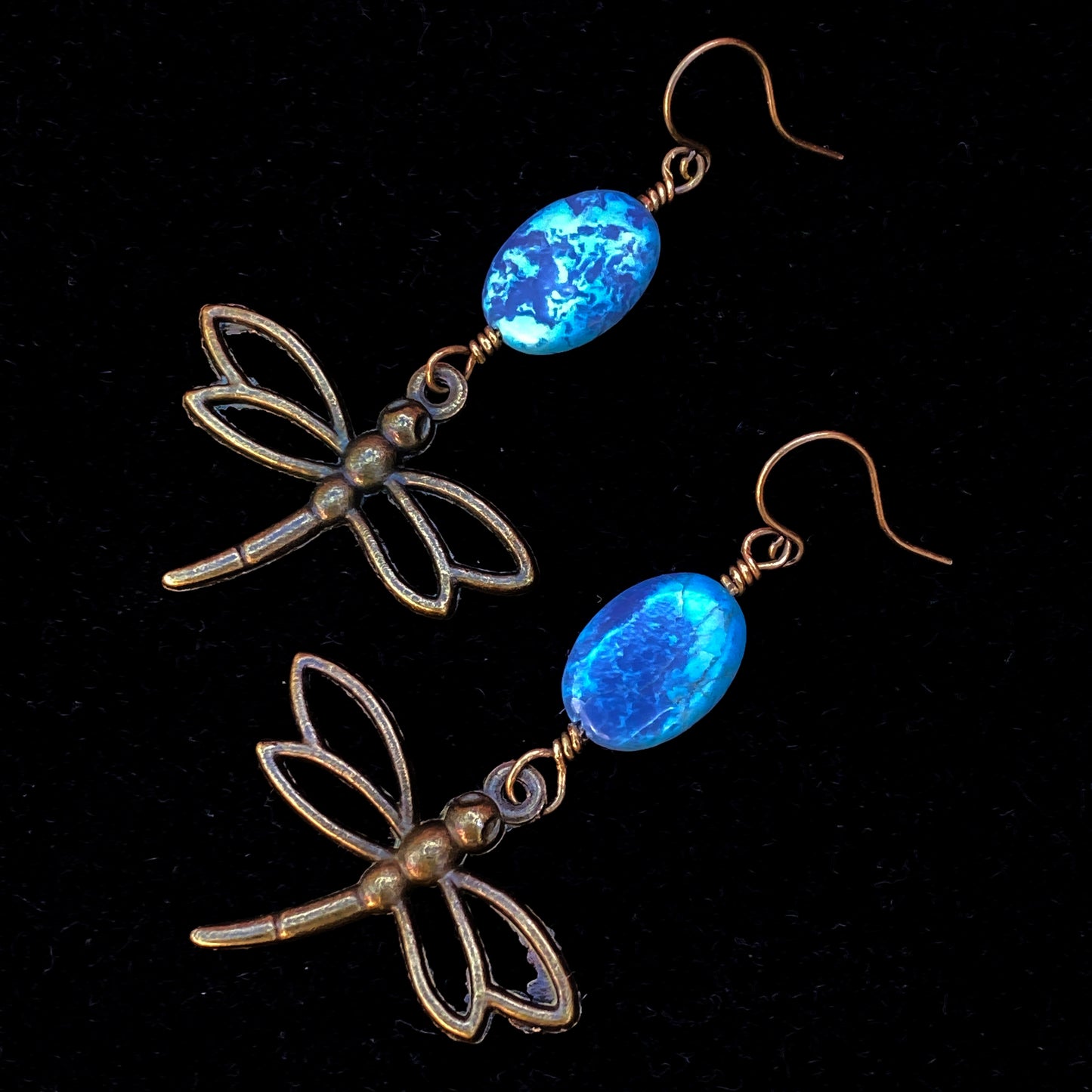 Brass Dragonfly and Turquoise gemstone Dangle earrings