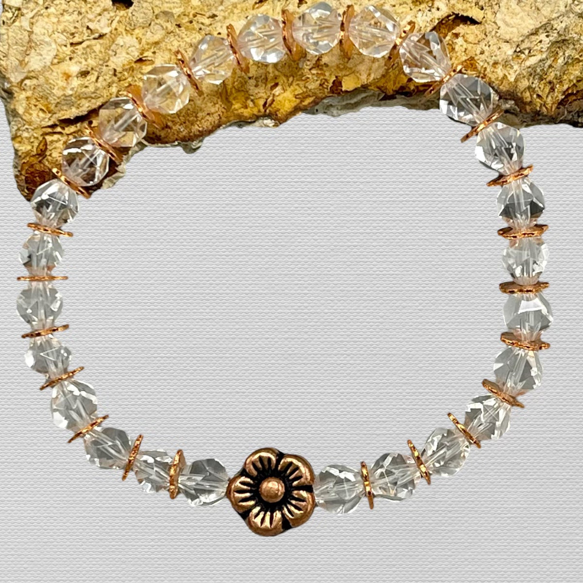 Quartz gemstone and Copper Flower Beaded Stretch Bracelet