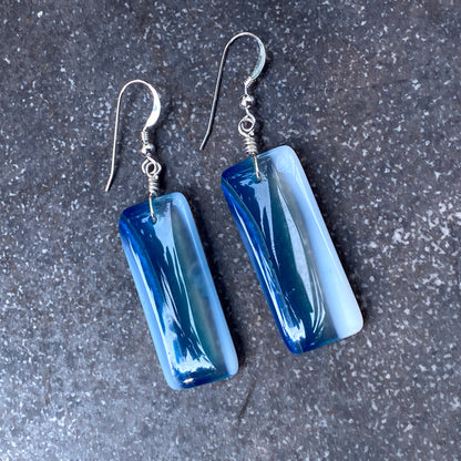 Blue Agate Gemstone Drop Earrings Wrapped with Sterling Silver