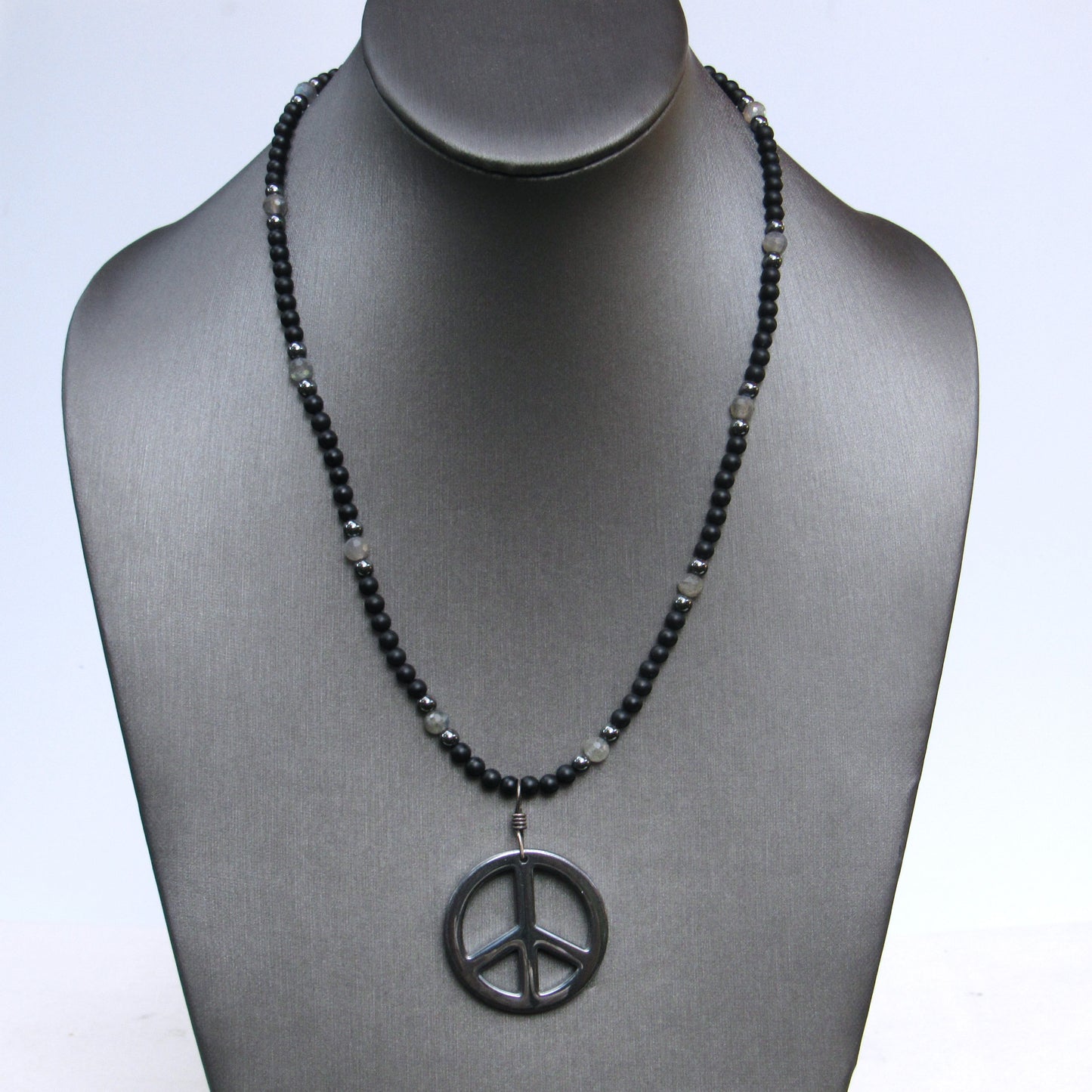 Hematite Peace Pendant, Hand Wrapped w/ Oxidized Sterling Silver, Matte Black Onyx, and Labradorite Men’s Necklace
