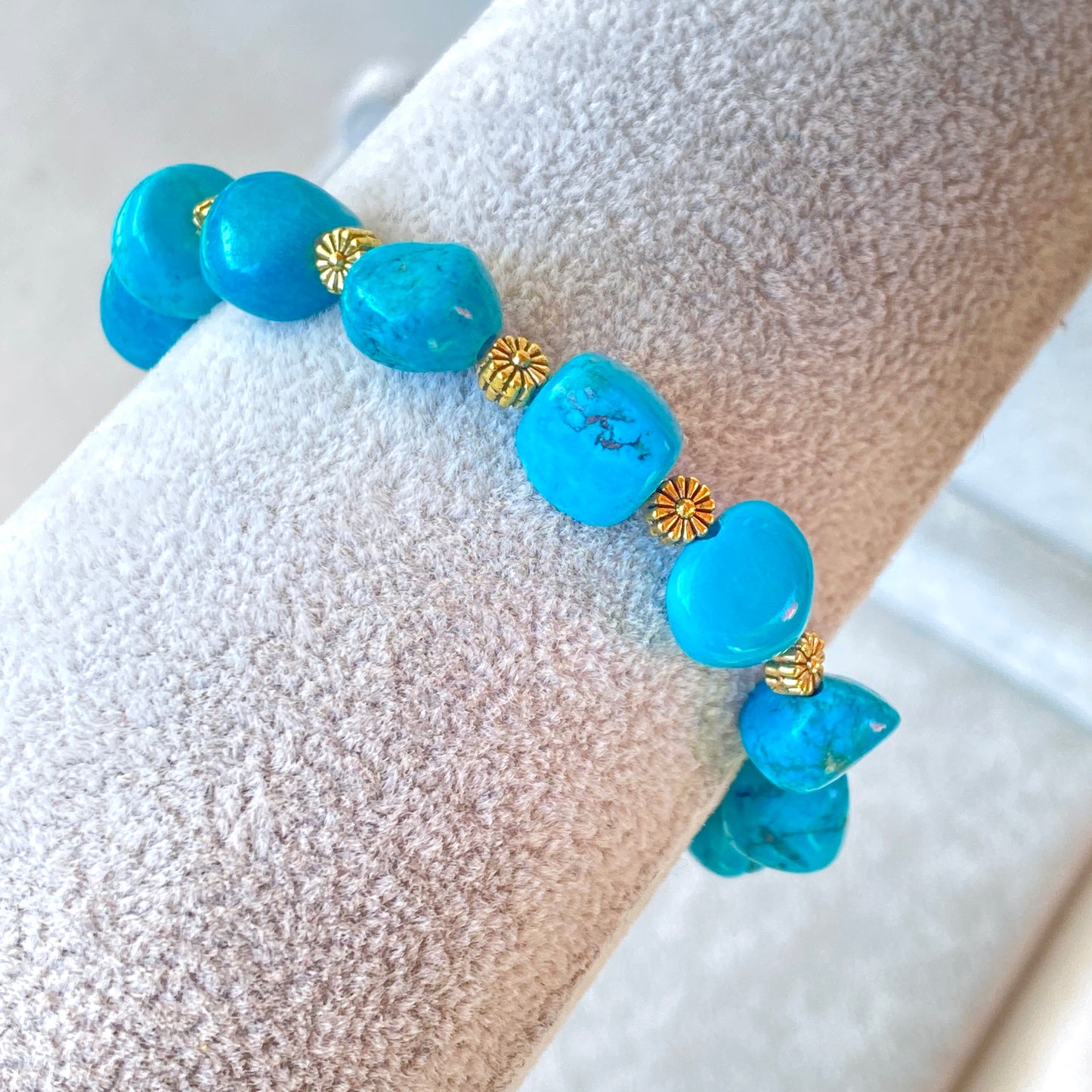 Turquoise gemstone and Brass Flower Beaded Bracelet