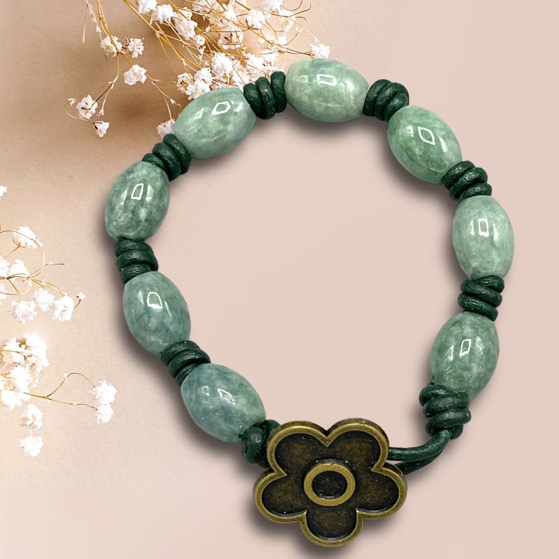Hand knotted Jade gemstone on green Leather Bracelet
