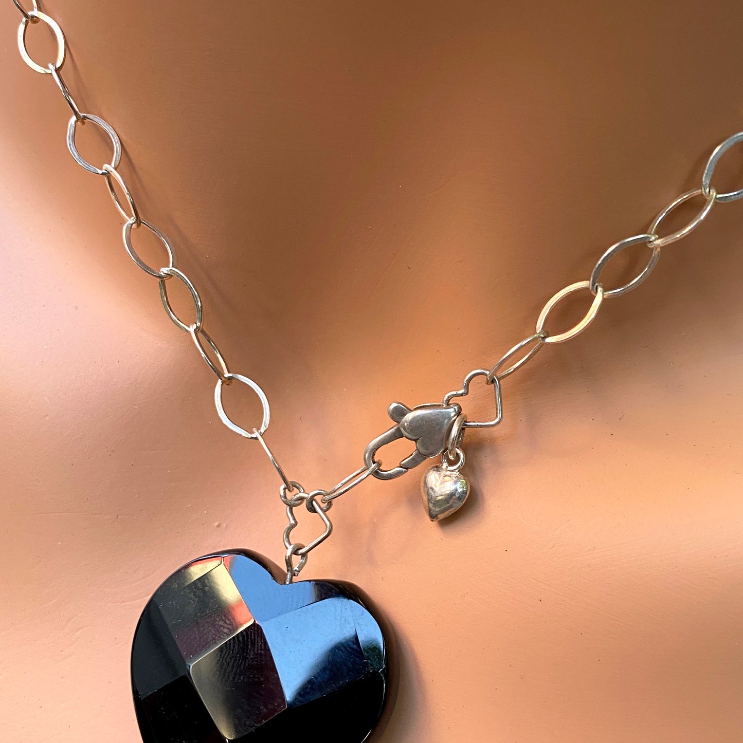 Black Onyx Faceted Heart Pendant w/ Labradorite on Sterling Silver Chain