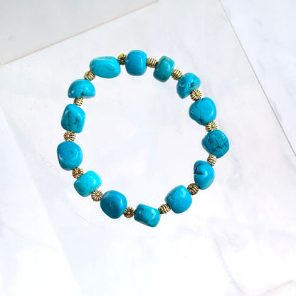 Turquoise gemstone and Brass Flower Beaded Bracelet