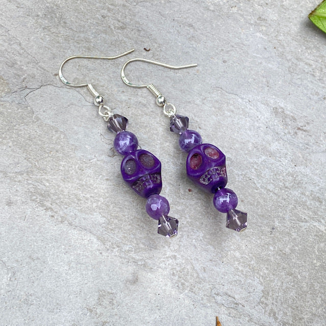 Purple Howlite Skull. Amethyst Gemstones & Swarovski Crystal Earrings
