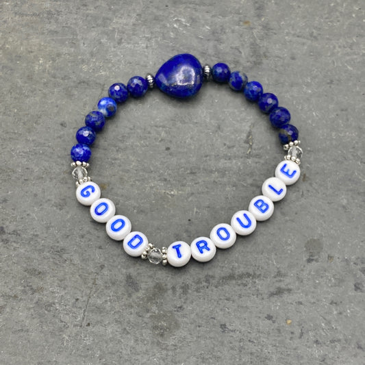 “Good Trouble” Lapis Lazuli, Sterling Silver, & White Topaz Stretch Bracelet