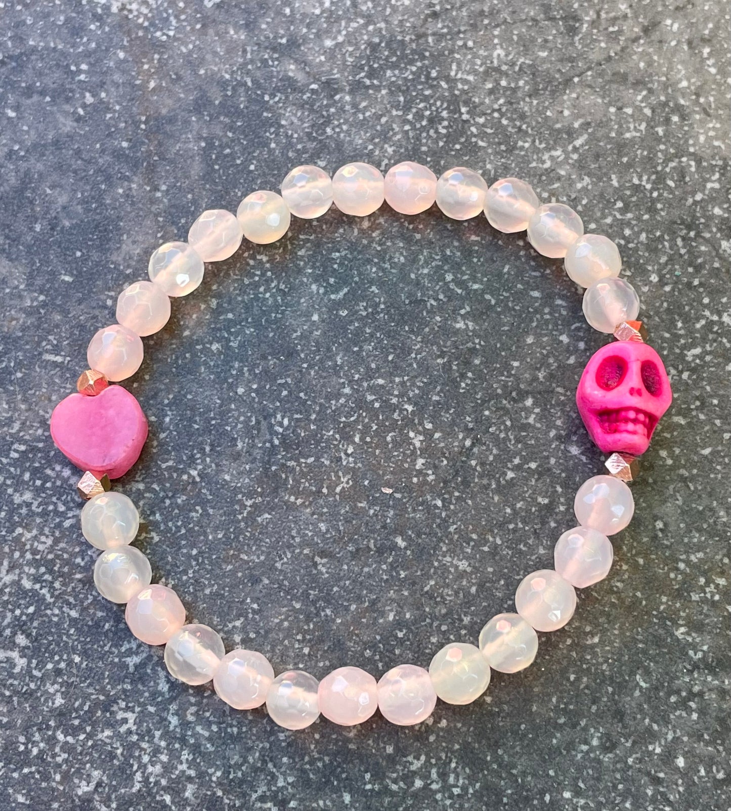 Pink Agate, pink Jade gemstone, and Howlite Skull bracelet