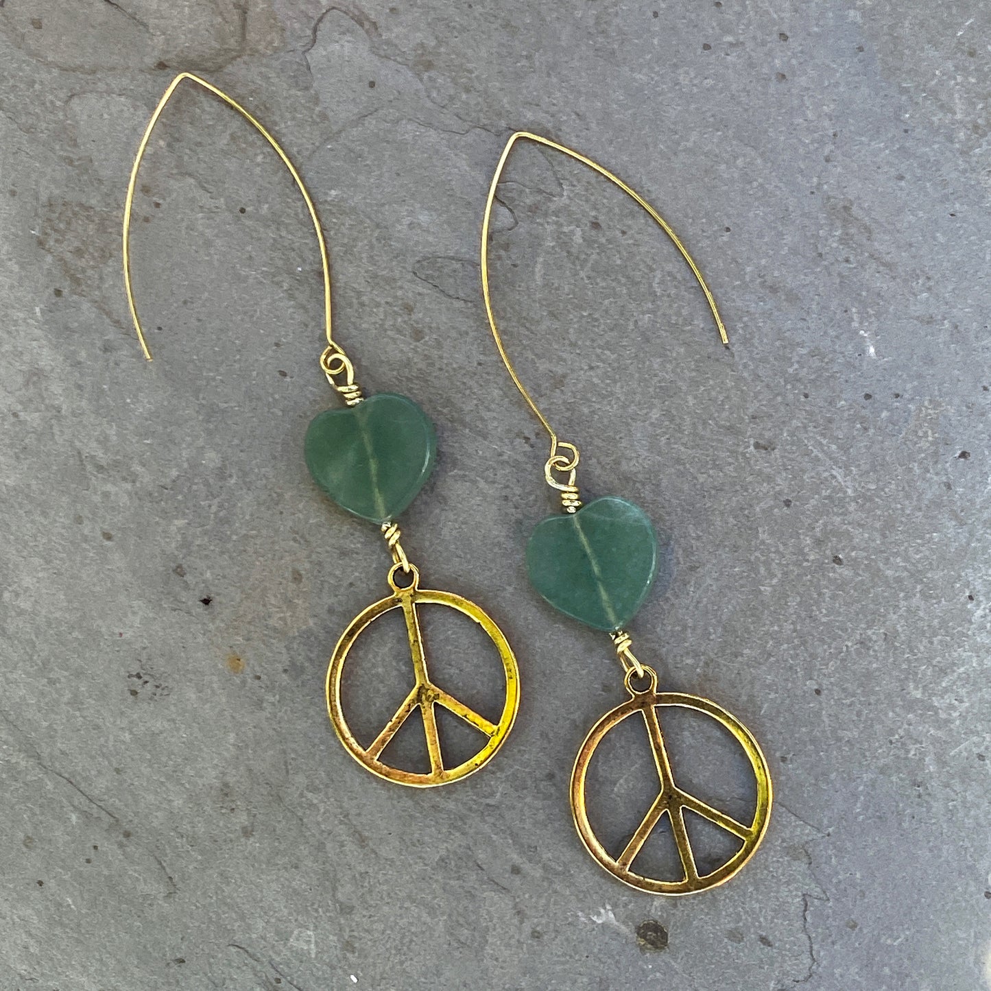 Brass Peace Sign and Green Aventurine gemstone heart earrings