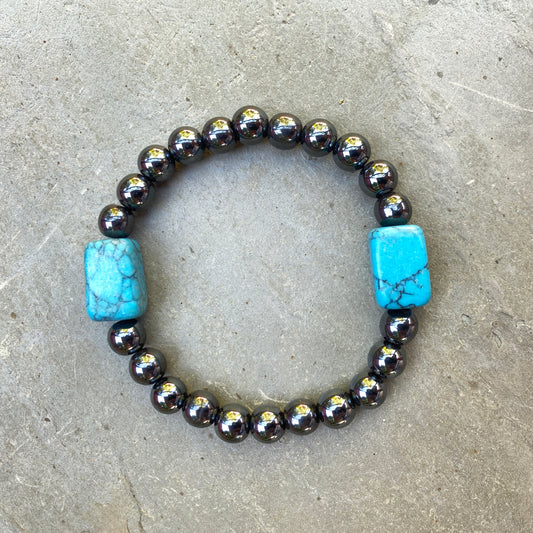 Men's Hematite and Turquoise howlite Gemstone bracelet