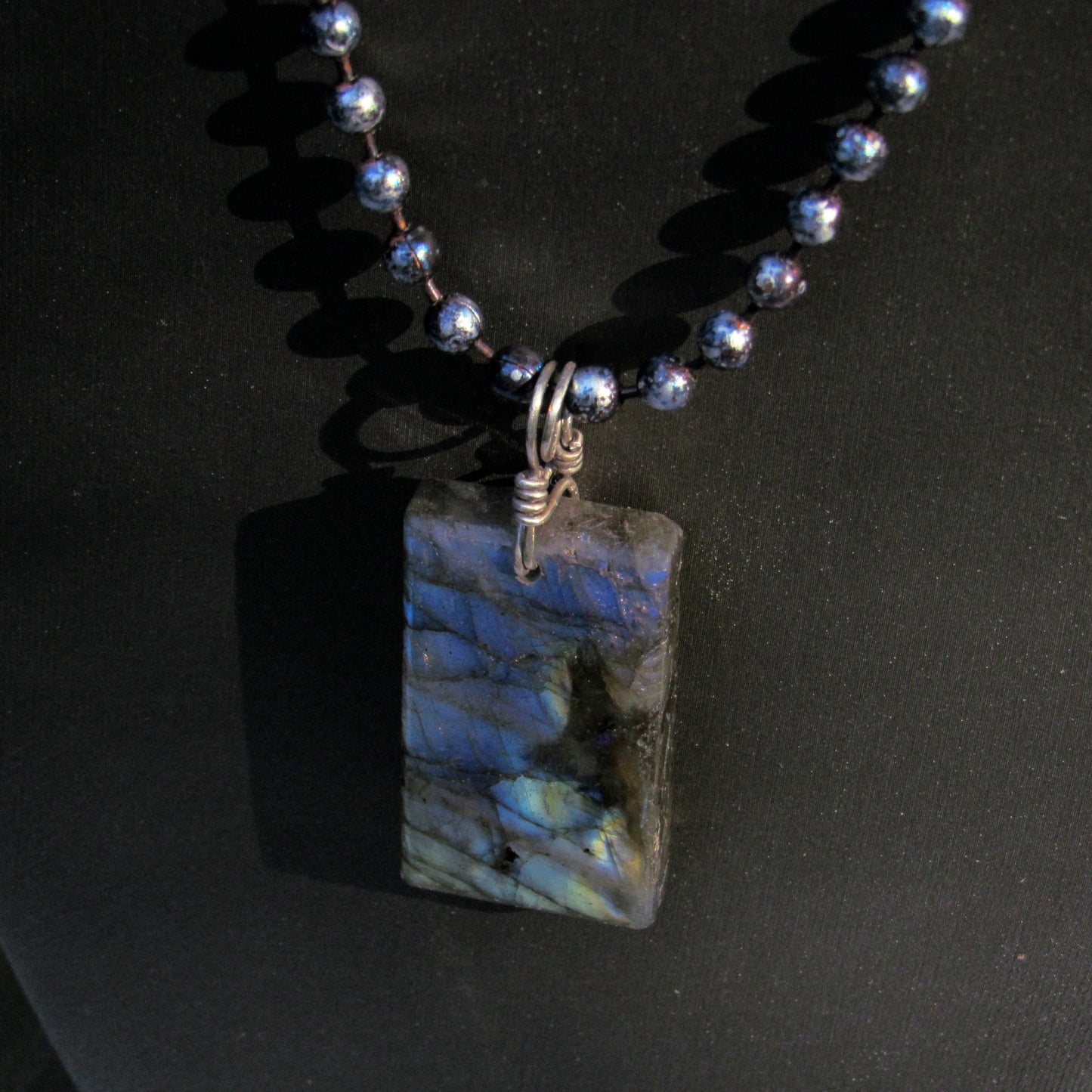 Labradorite Hand Wrapped With Sterling Silver on Hand Patina Copper Ball Chain