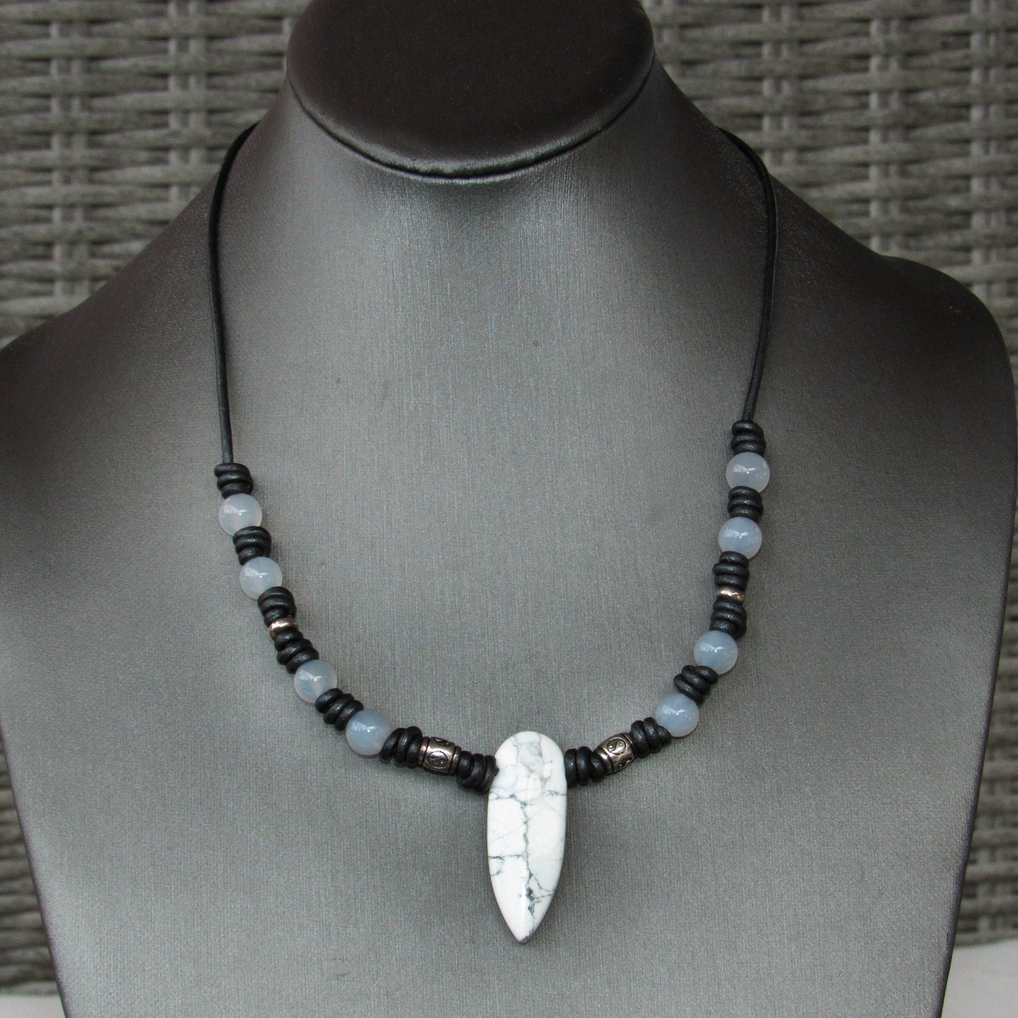 Howlite, White Agate gemstone with Sterling Silver Leather Necklace