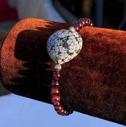 Garnet gemstones, Snowflake Obsidian Heart, and Sterling Silver Stretch Bracelet
