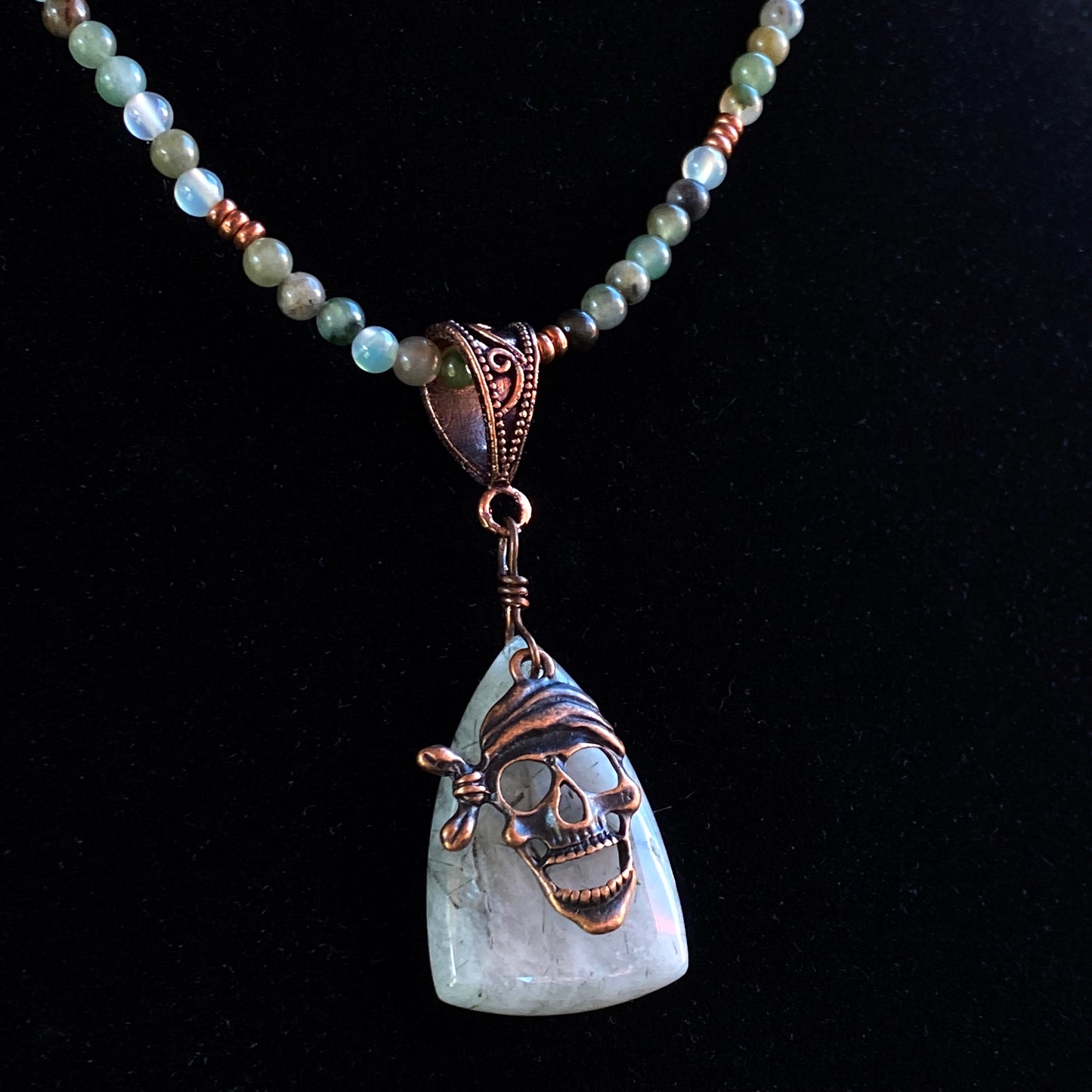Prehnite gemstone with Copper Pirate Skull pendant necklace