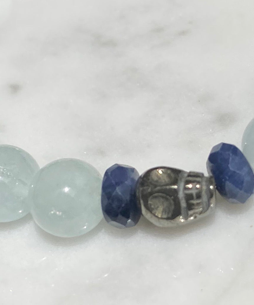 Aquamarine, labradorite, blue sapphires, pyrite skull, and kyanite gemstone bracelet