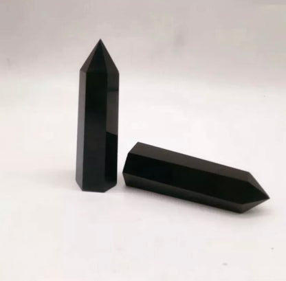 Natural Black Obsidian Quartz Obelisk Healing Crystal Point Wand Reiki
