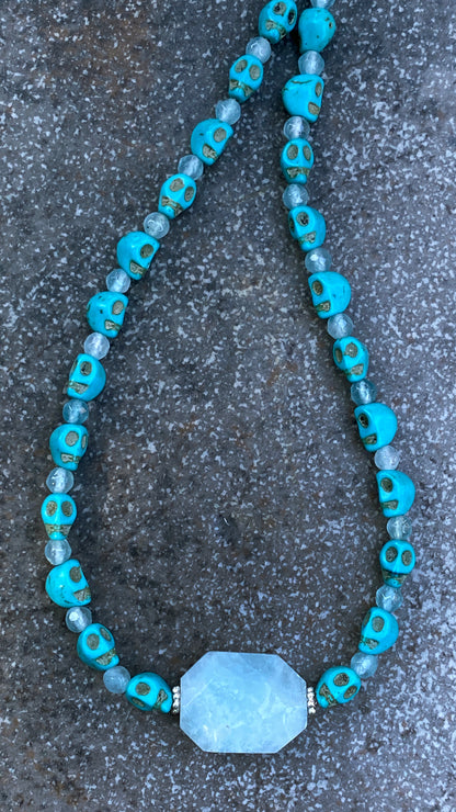 Aquamarine and Howlite Skull Necklace