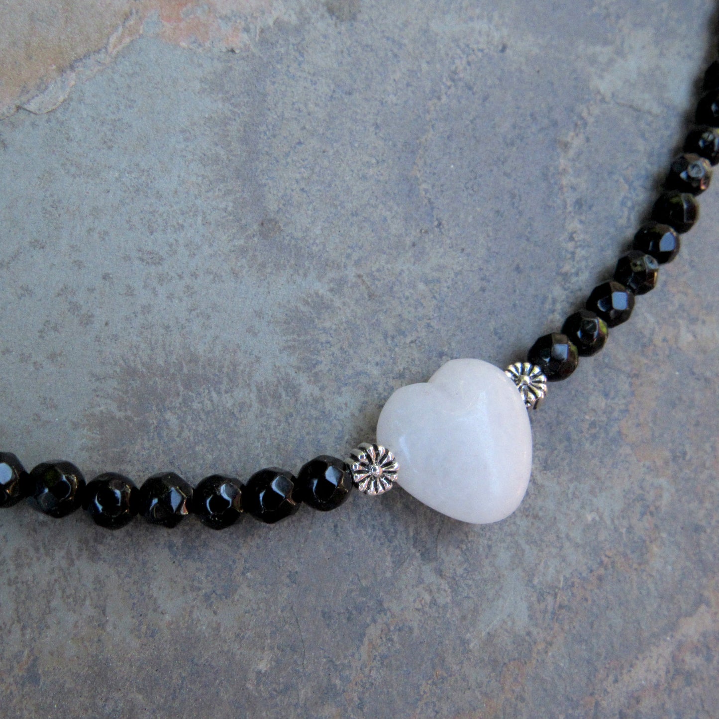 White Jade Heart, Faceted Onyx, and Sterling Silver Choker