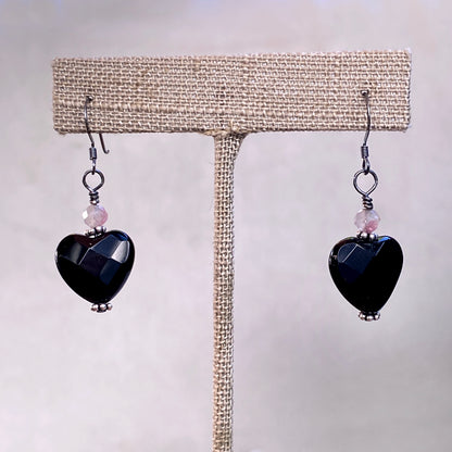 Faceted Onyx Hearts w/ Pink Tourmaline and Oxidized Sterling Silver Drop Earrings