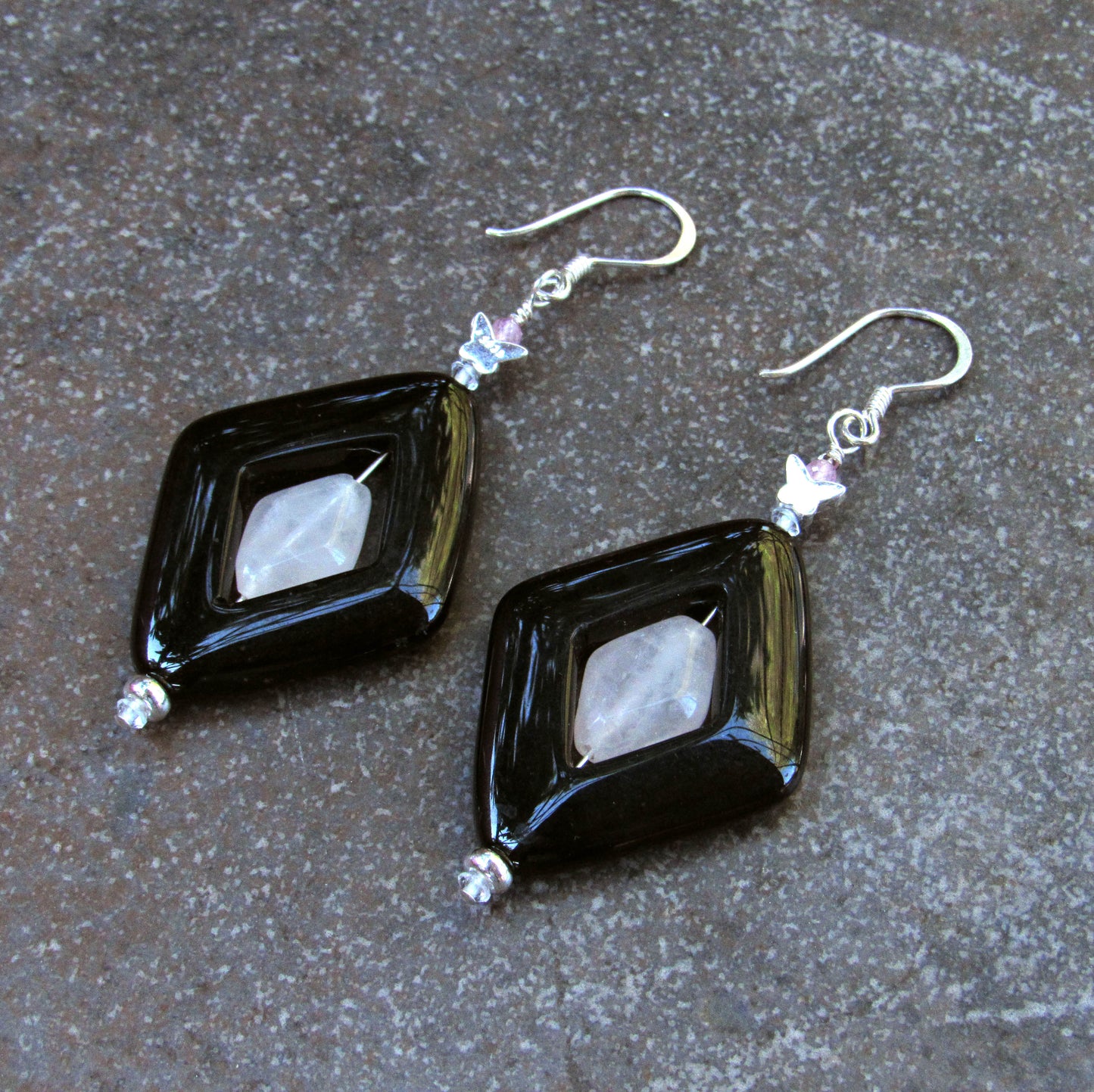 Onyx, Rose Quartz, White Topaz, Pink Sapphires, and Sterling Silver Drop Earrings