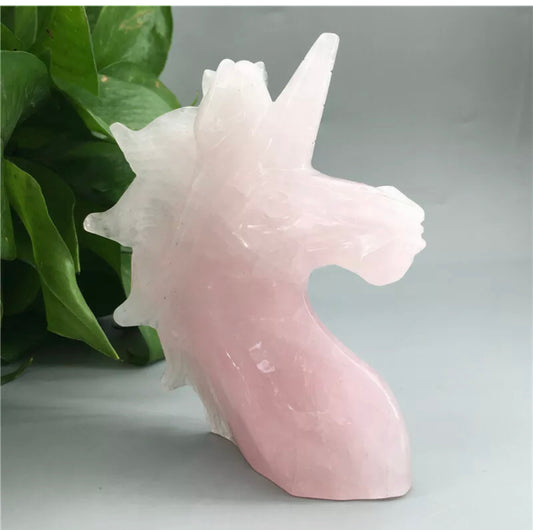 Natural pink Rose Quartz gemstone Hand Carved unicorn