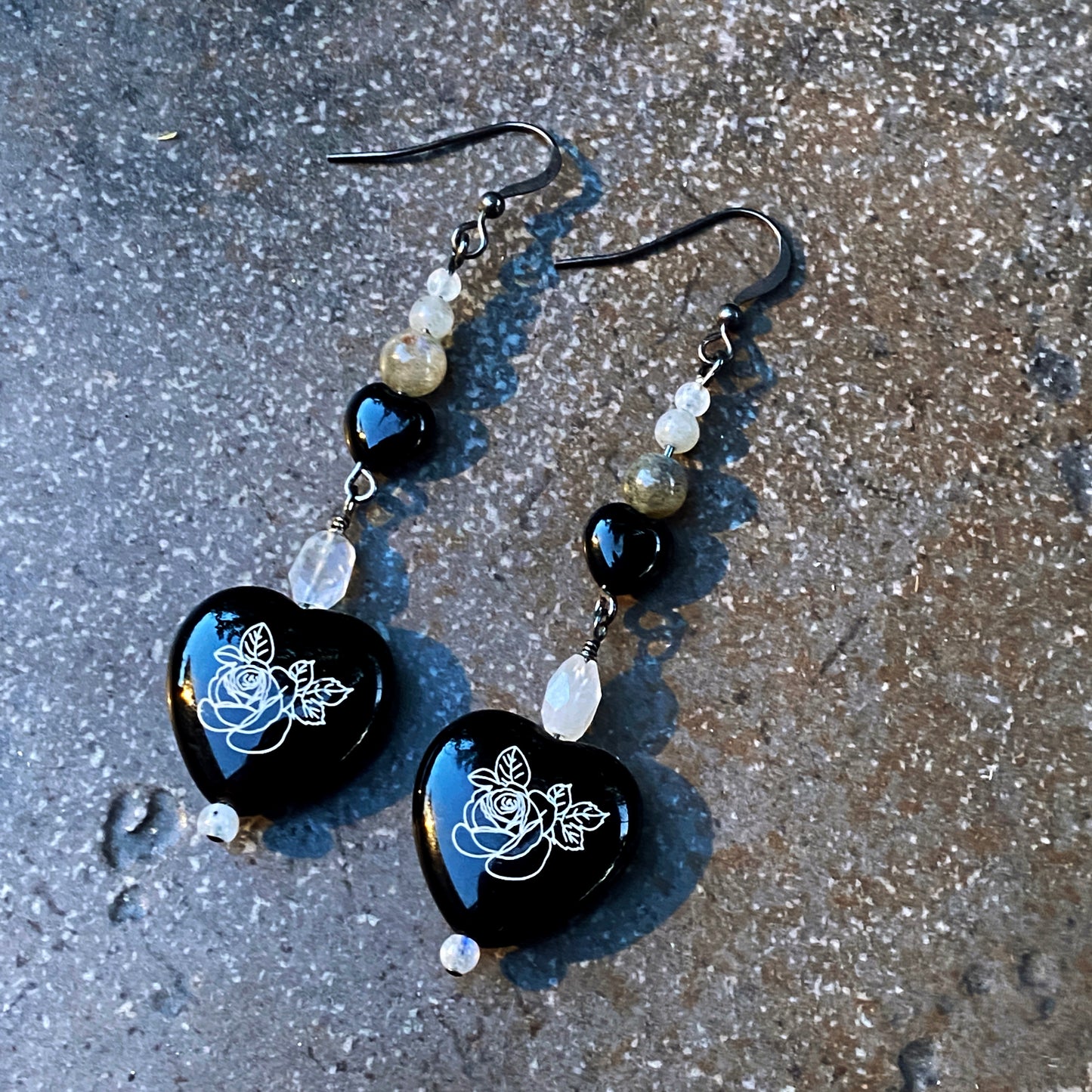 Hand Painted Onyx Heart, Moonstones, and Labradorite Drop Earrings with Sterling Silver