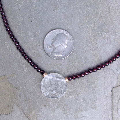 Garnet gemstone  Clear Quartz pendant with 14 kt Rose gf Necklace