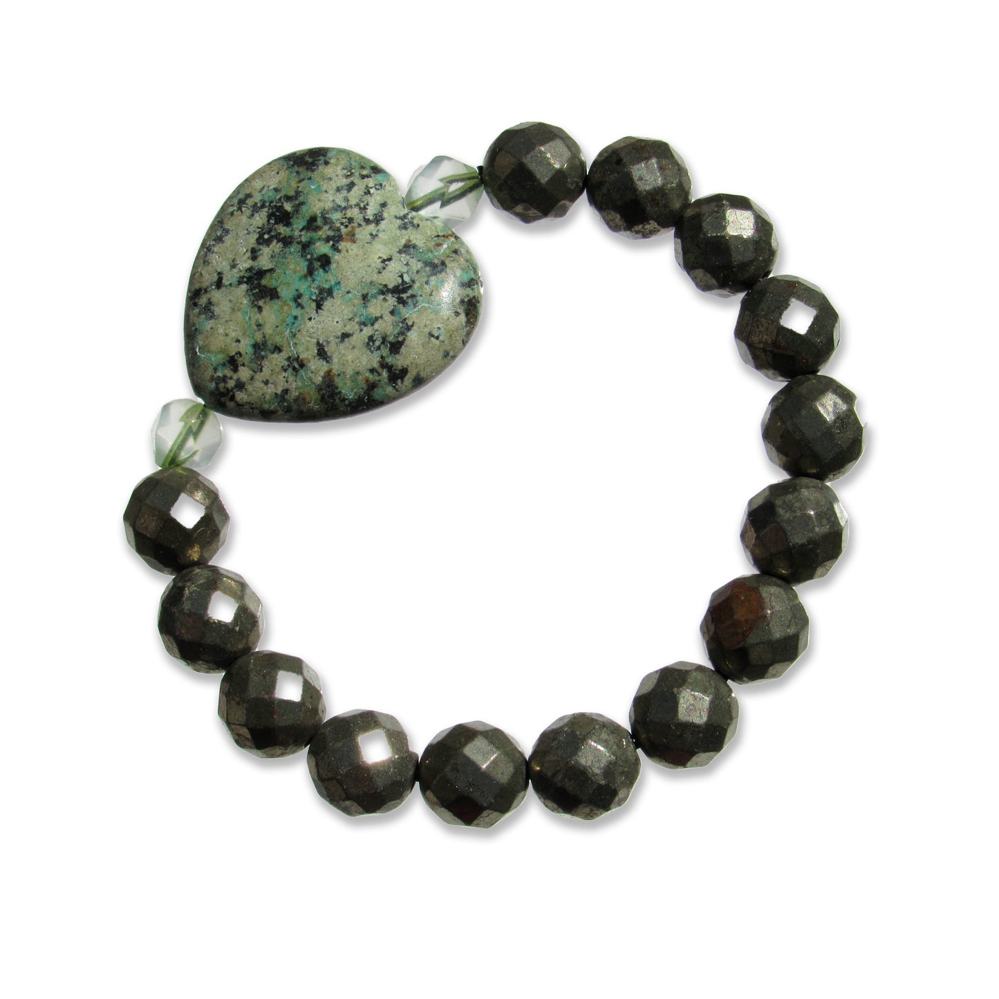 African Turquoise gemstone heart, Pyrite, and Green Topaz beaded bracelet