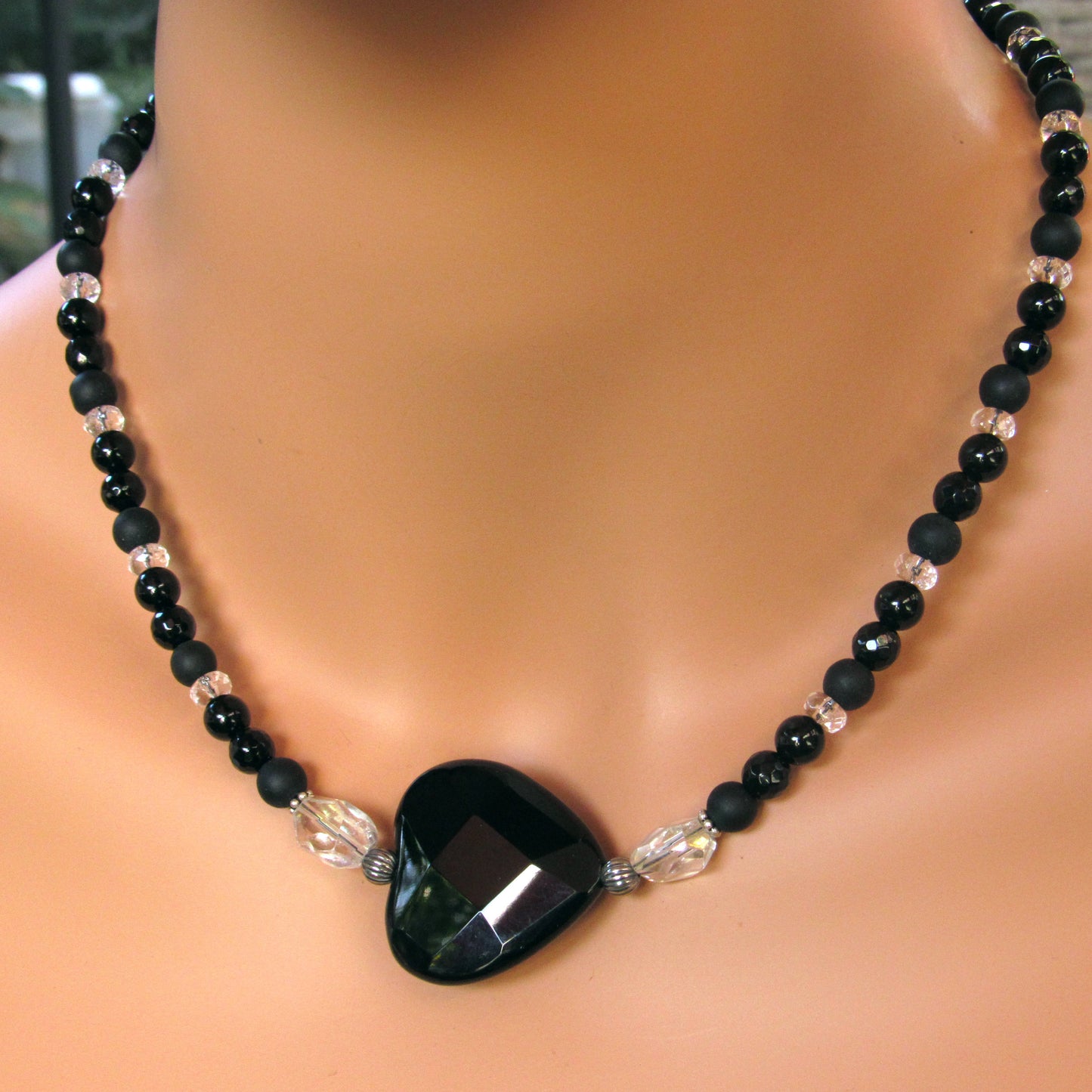 Onyx Heart on onyx, Oxidized Sterling Silver and Quartz gemstone Necklace