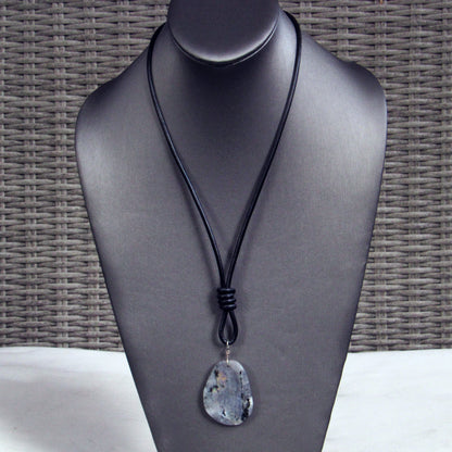 Labradorite gemstone hand Wrapped with Sterling Silver Hand Knotted on Black Leather Necklace