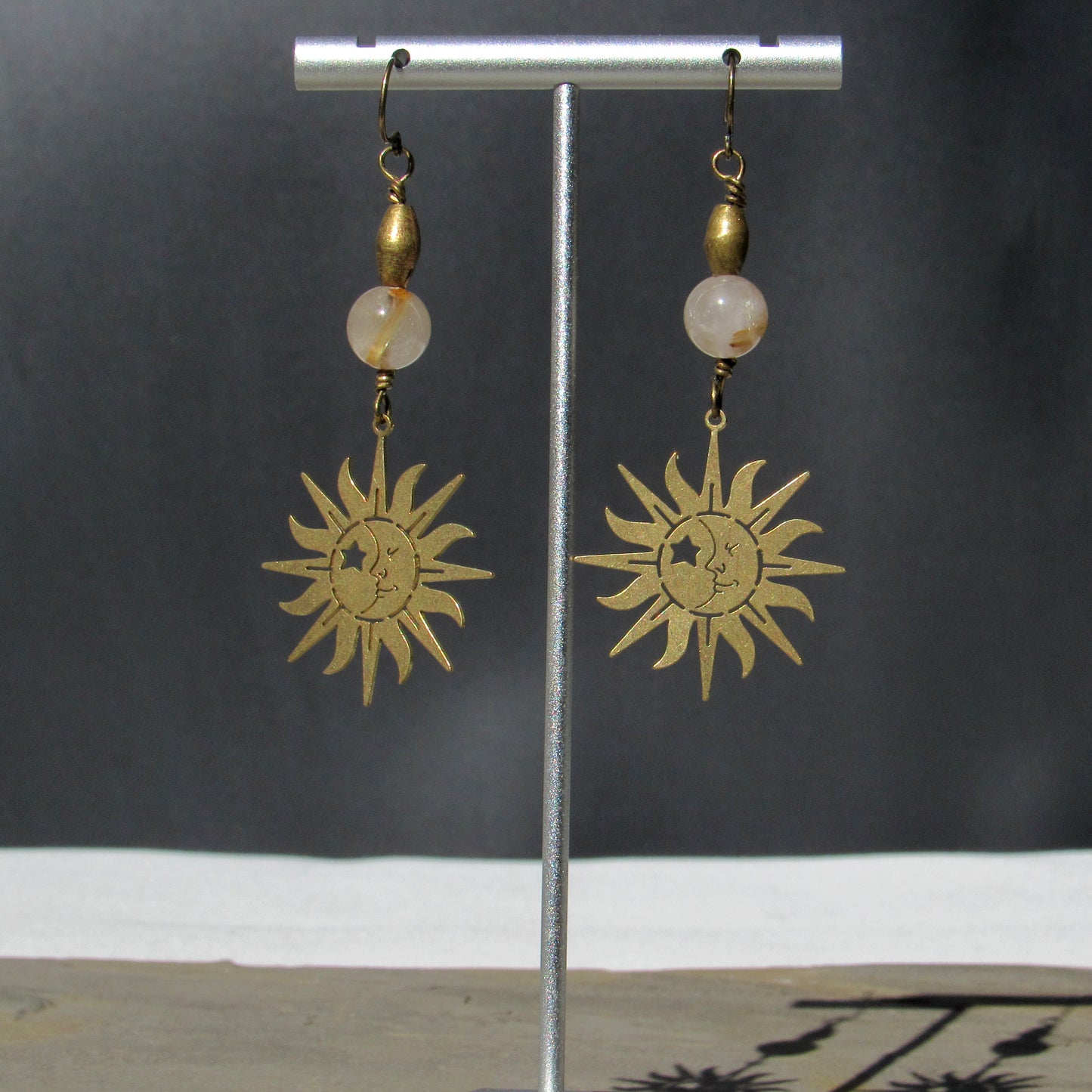 Rutile Quartz and Brass Moon and Sun earrings