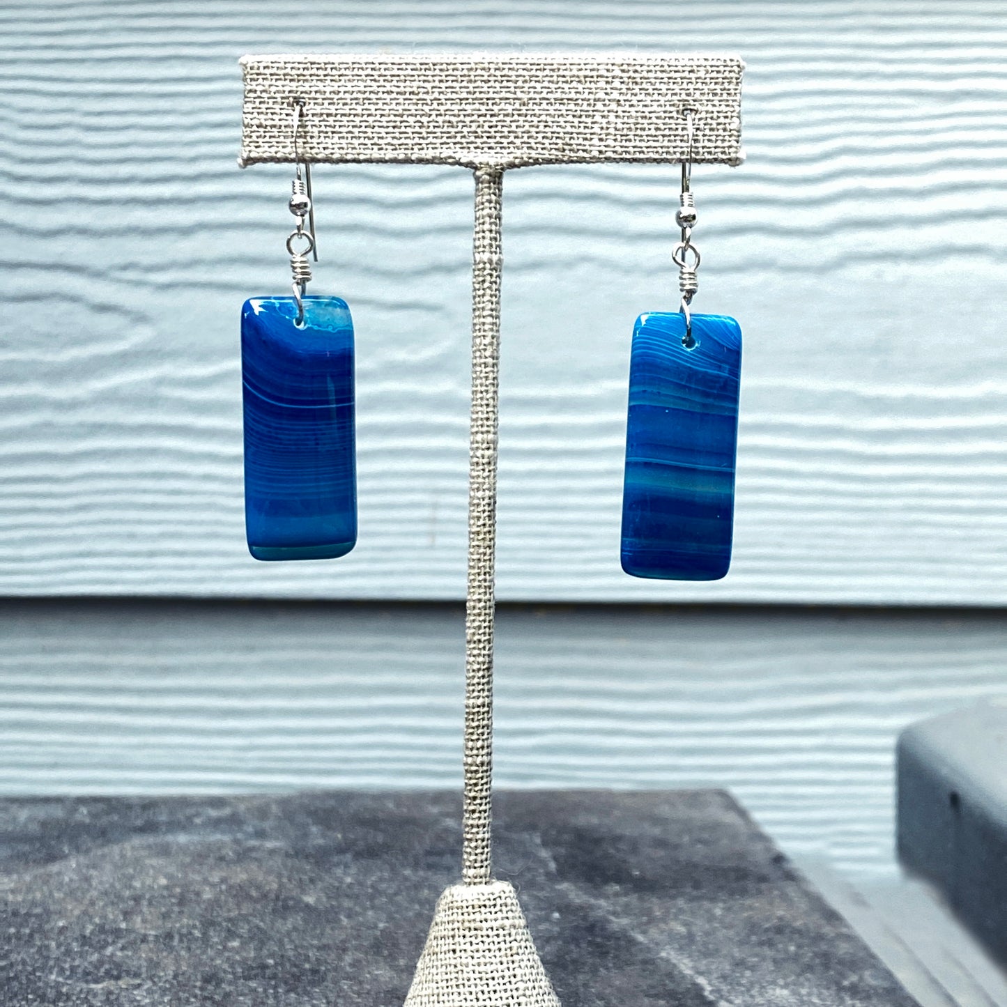 Blue Agate Drop Earrings Wrapped with Sterling Silver