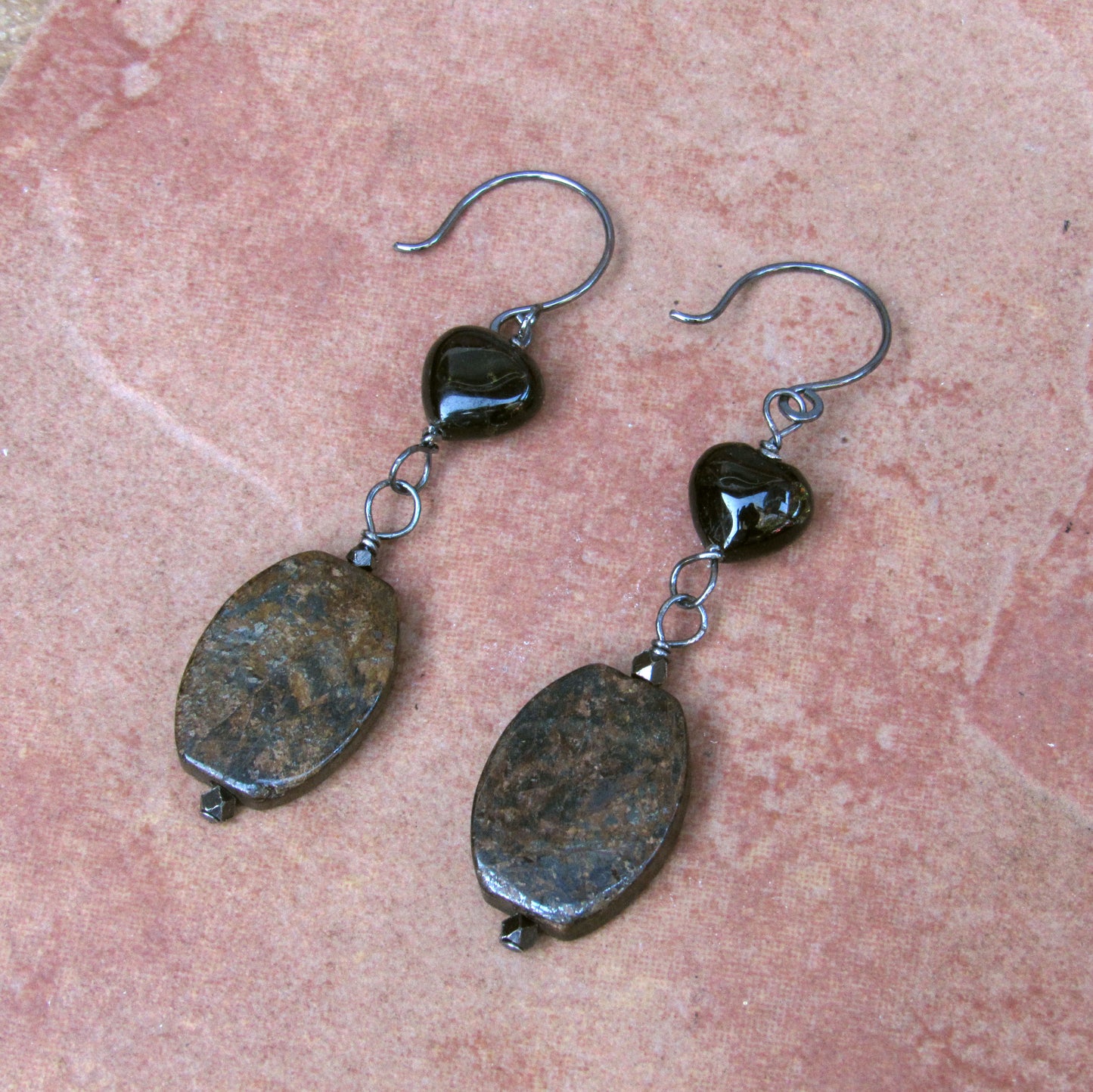 Bronzite and Tourmaline Gemstone Heart  w/ Oxidized Sterling Silver Drop Earrings