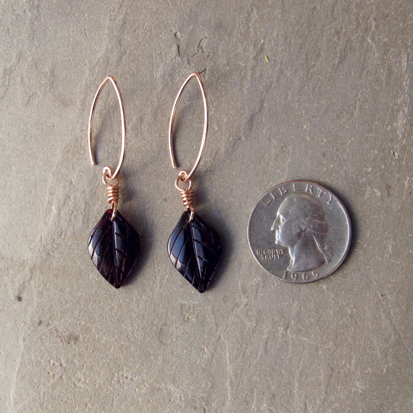 Genuine Garnet Leaf Carved Earrings Hand Wrapped with Silver Vermeil Wire