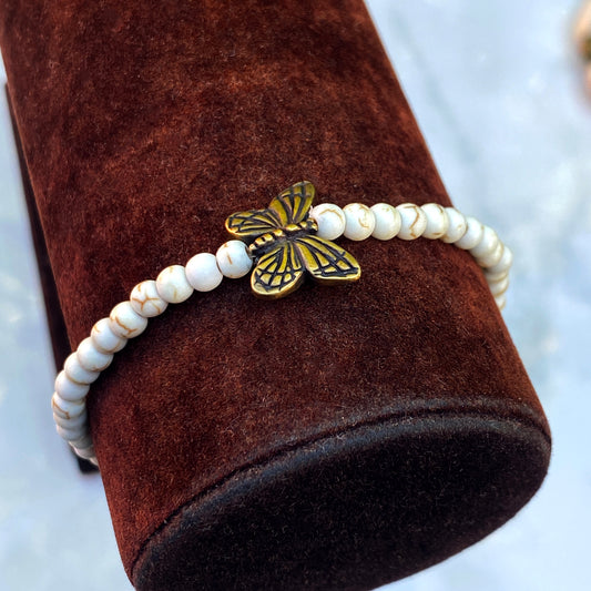 White turquoise gemstone and Brass Butterfly Bracelet