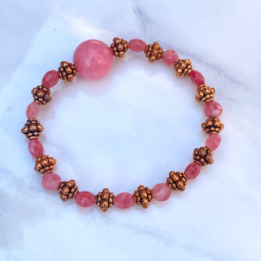 Rhodochrosite gemstone and copper stretch bracelet