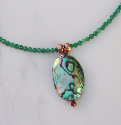 Abalone shell Pendant with Ruby gemstones on Green Onyx Necklace