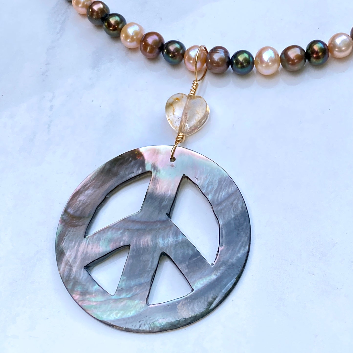 Abalone Peace Sign Hand Wrapped w/ 14 kt gf w/ Citrine Heart on Freshwater Pearls
