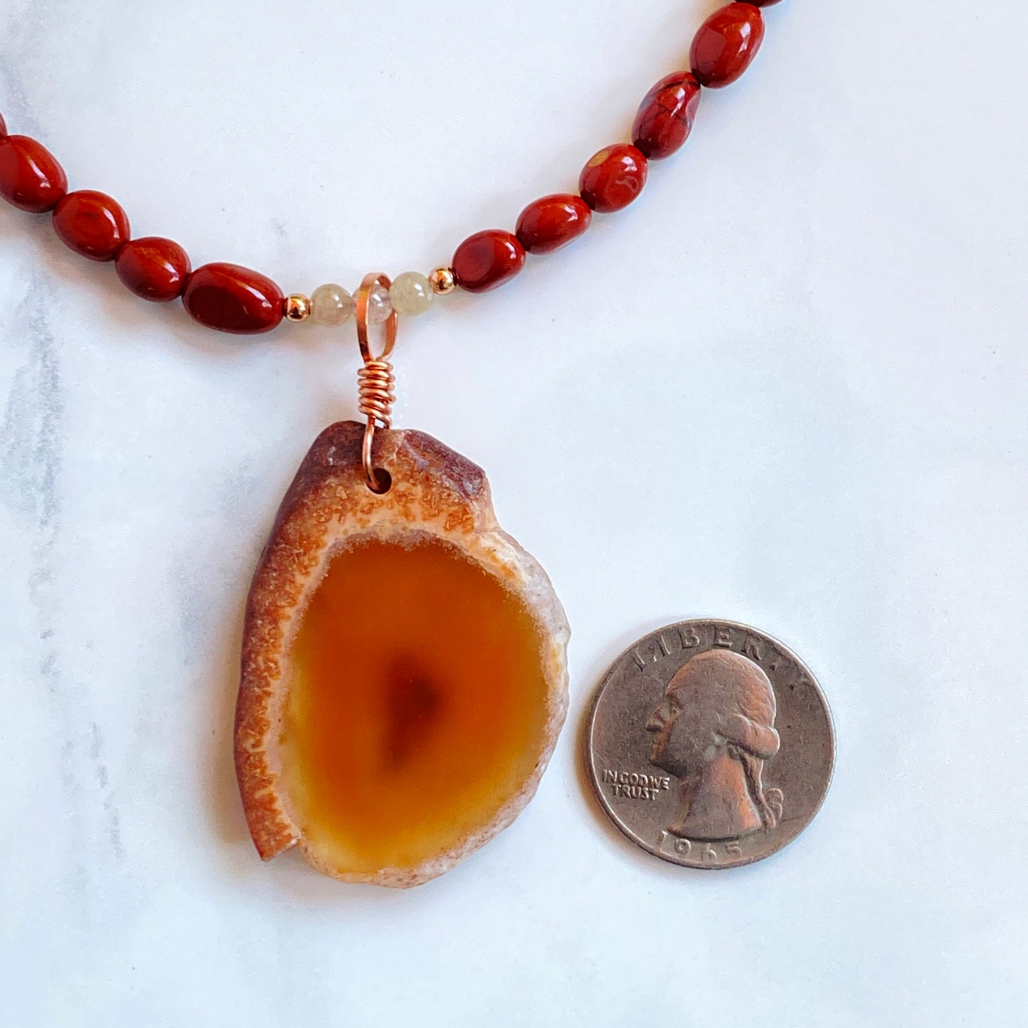 Red Agate Pendant hand Wrapped with Copper on Red Jasper, Rutilated Gold, Copper Necklace